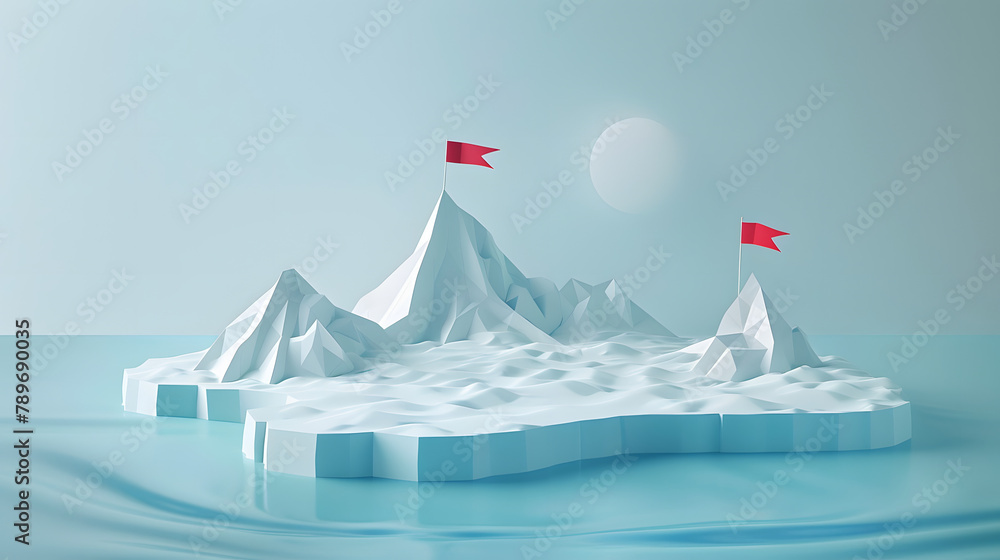 Poster isometric diorama of an island in the middle of icy water with mountains surrounding it. there is on