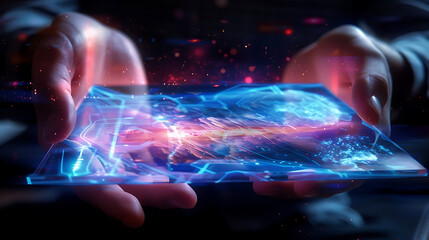 This captivating image portrays two hands holding a transparent digital tablet. The tablet displays an array of various images