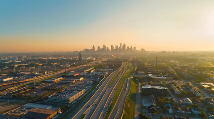 Cityscape Overview: The image captures a panoramic view of a city during daylight hours. A prominent highway with multiple lanes cuts through the heart of the cityscape