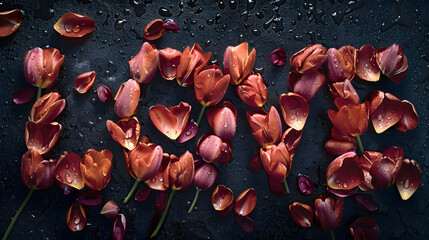 LOVE created from tulip petals on a black background. in a square shape