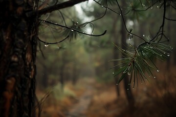 : A single raindrop suspended on the tip of a pine needle in a dense forest
