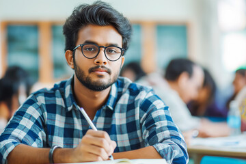 Portrait of a Handsome Indian Student Taking a Course in an International Adult Education Center. South Asian Man Wearing Glasses, Sitting Behind a Desk and Writing Down Notes in Notebook