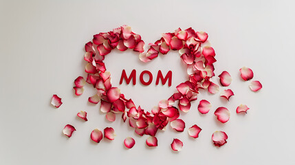 MOM made from rose petals on a white background. in a heart shape