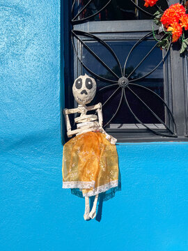 A skull doll in a dress sits on a window 