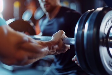 Young man lifting the barbell in the gym with the instructor, gym center with barbell, barbell pulling at the gym, gym background, barbell lifting with instructor, gym, bodybuilding - Powered by Adobe