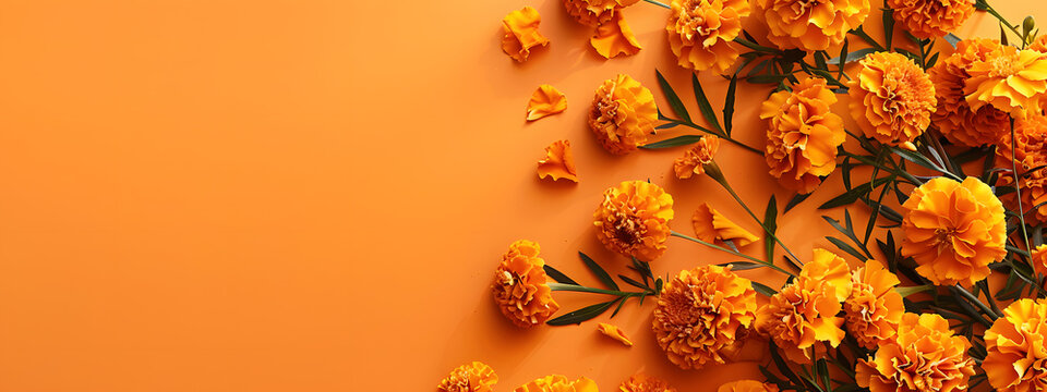 Orange marigolds border a frame on an orange background with copy space. in a flat lay top view