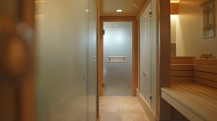 A frosted glass door leads to the secluded sauna room creating a sense of tranquility and privacy for guests to enjoy. The soft glow of the light through the glass adds to the ambiance .