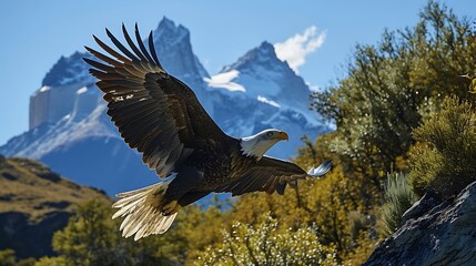 A regal bald eagle in mid-flight, captured against the backdrop of a clear blue sky, its wings spread wide as it soars with majestic grace.