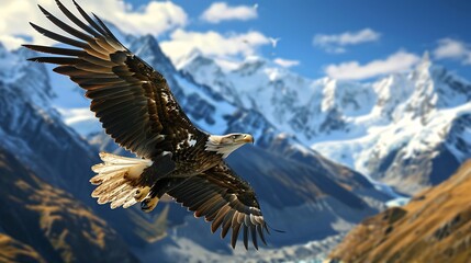 A regal bald eagle in mid-flight, captured against the backdrop of a clear blue sky, its wings spread wide as it soars with majestic grace.