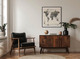 Modern interior of a living room with a black leather armchair