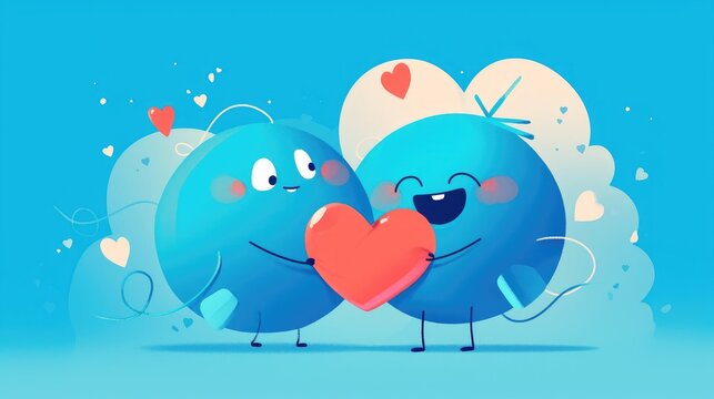 A quirky pair of blue icons are delightfully exchanging a heart as a gift