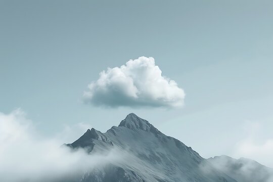 : A solitary cloud, shaped like a mythical creature, floating above a tranquil mountain peak.