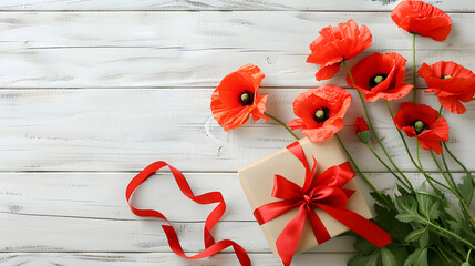 Poppies and gift box on white wooden background. flat lay top view