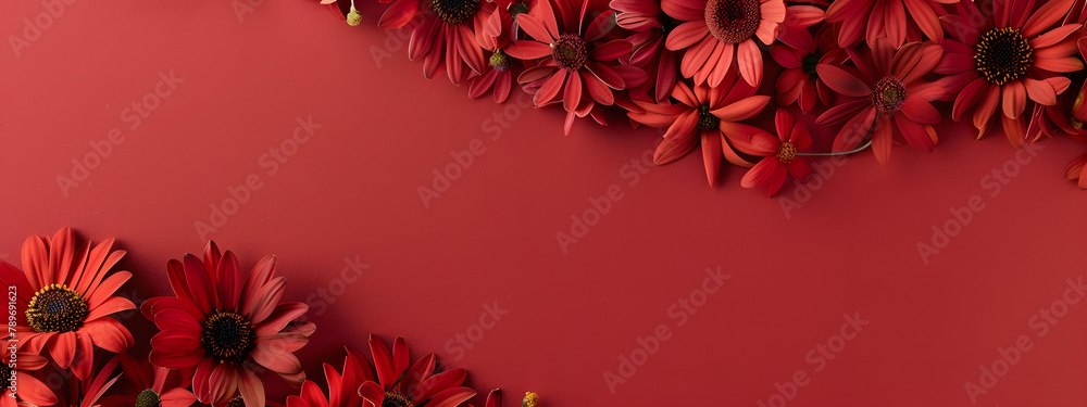 Poster red daisies border a frame on a red background with copy space. in a flat lay top view