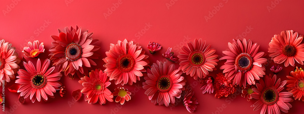 Poster red daisies border a frame on a red background with copy space. in a flat lay top view