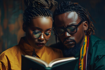 An image featuring a black man and woman reading a book in honor of Black History Day, with an African flag in the background.
