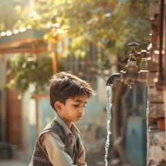 an Indian child boy draws water into a glass from a public street tap. Poverty. Lack of clean drinking water.