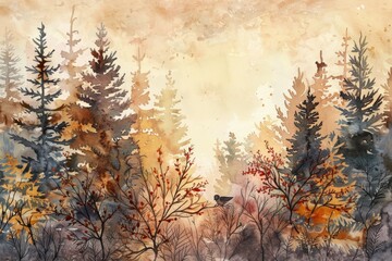 Watercolor. Forest. Background. Wallpaper.