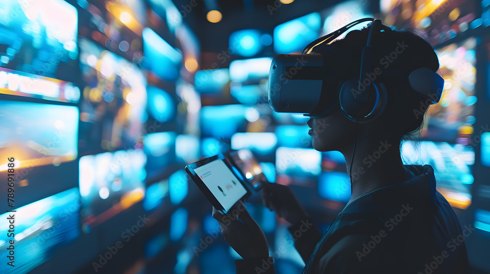 Poster someone wearing a vr visor is looking at several digital tablets displaying different educational co