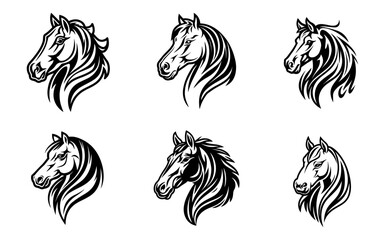 Horse head icons set in black and white colors isolated vector illustration