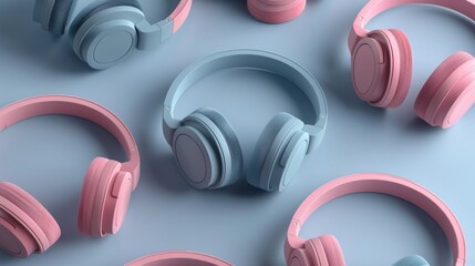Blank mockup of fashionably designed headphones with interchangeable ear pads in different colors. . - obrazy, fototapety, plakaty