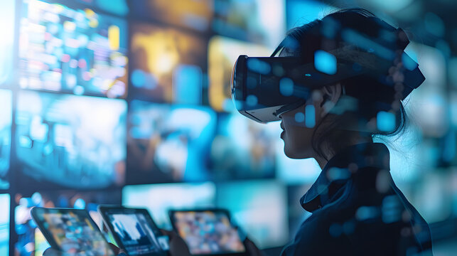 Someone wearing a VR visor is looking at several digital tablets displaying different educational content. representing virtual reality learning and immersive educational experiences