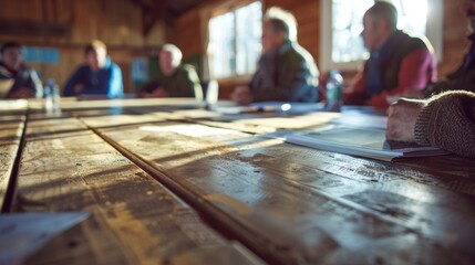 Closeup of a community meeting in a village hall where members are discussing their plans to install a microgrid system. This collaborative effort will allow the community to generate .