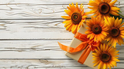 Sunflowers and gift box on white wooden background. flat lay top view