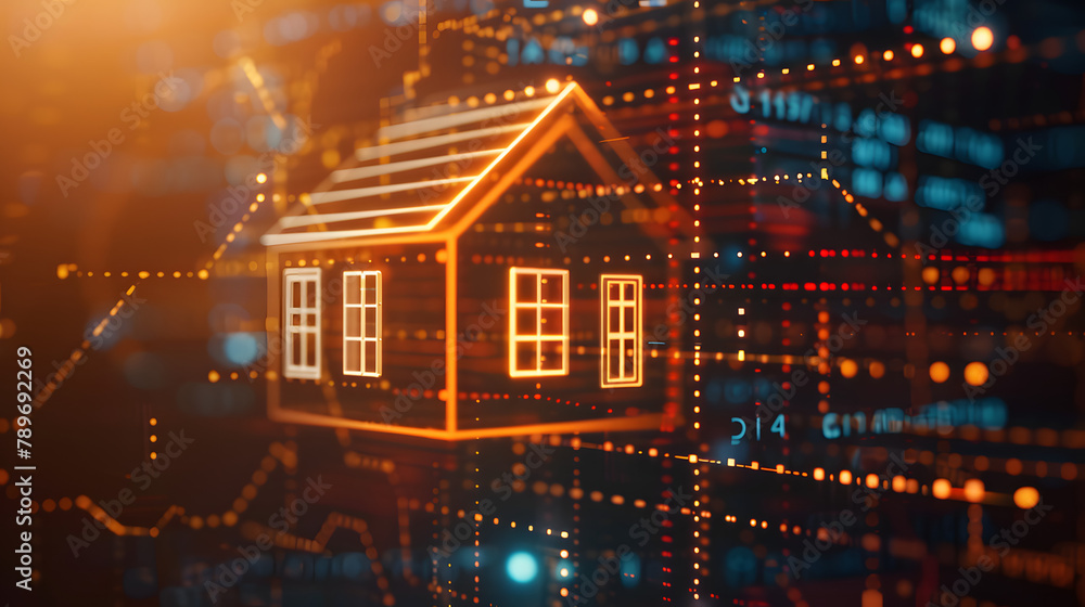 Poster virtual house icon with data and online technology background for real estate. web design or digital