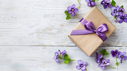 Violets and gift box on white wooden background. flat lay top view