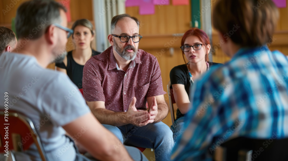 Poster a group of individuals are seated around each other, engaged in conversation and interaction in a co