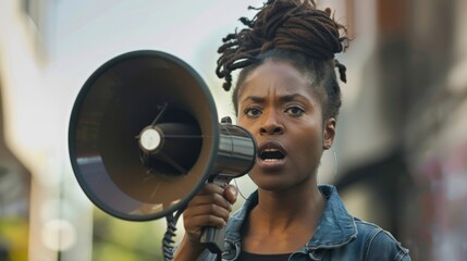 A portrait of a social worker holding a megaphone her face a picture of determination as she uses her voice to speak up for those who are unable to advocate for themselves. . - obrazy, fototapety, plakaty