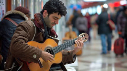A man is seated on a bench, strumming a guitar with focused concentration