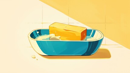 A yellow bar of soap sits boldly on a vibrant blue soap dish set against a clean white backdrop in this striking 2d illustration