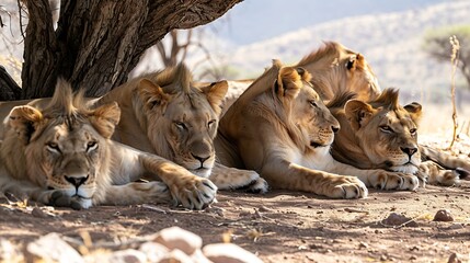 A pride of lions resting under the shade of a towering acacia tree, their regal presence casting a sense of tranquility over the African savanna