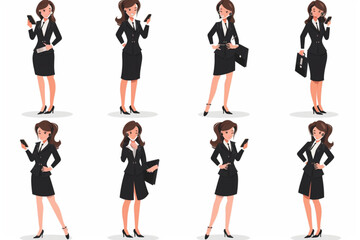 Business woman character set. Businesswoman or office worker in various poses, emotions, gestures. The manager searches, invests, speaks, works vector icon, white background, black colour icon
