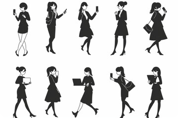 Business woman character set. Businesswoman or office worker in various poses, emotions, gestures. The manager searches, invests, speaks, works vector icon, white background, black colour icon