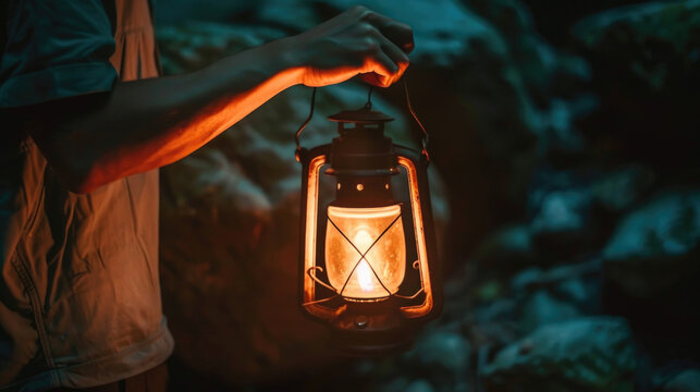 A person holds a lantern in their hand, casting a warm glow in the darkness