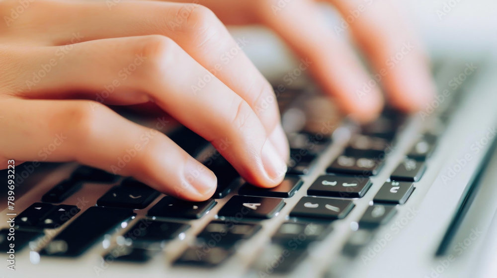 Poster a close-up view of a persons hands typing on a keyboard, focused and engaged in their work or task
