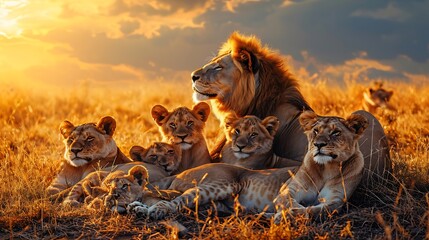 A pride of lions resting in the savanna under the shade of acacia trees, their golden coats blending seamlessly with the surrounding grasslands. - obrazy, fototapety, plakaty