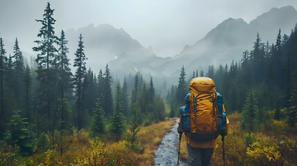 Minimalist Melody of the Mountains: A Hiker's Serenity. Concept Mountain Views, Hiking Trails, Nature Sounds, Serene Landscapes - obrazy, fototapety, plakaty