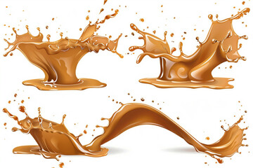 Set of caramel splashes, sweet liquid candy swirls, and waves splashing with droplets. Isolated brown melt toffee syrup stream with splatters and dynamic motion, perfect for ads and promo design. vect