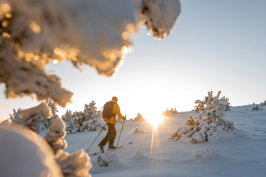 Ski touring at sunrise