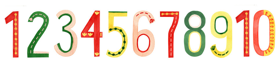 Watercolor funny numbers. Red, orange, green, yellow, beig, peach fuzz texture. 0123456789. Cute hand-drawn illustration isolated on transparent for your design.