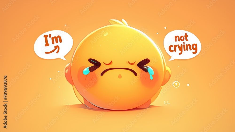 Poster a cartoon rendering of a sad emoticon character claiming i m not crying within a vibrant speech bubb