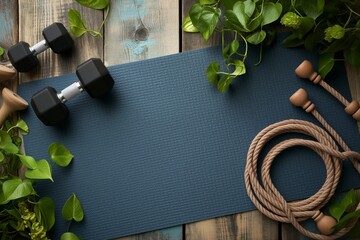 Yoga mat dumbbell and jump rope top view, gym elements, gym background, gym center background, gym banner, gym, bodybuilding background, bodybuilding  - obrazy, fototapety, plakaty