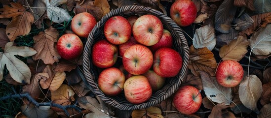 Basket of Red Apples Surrounded by Leaves