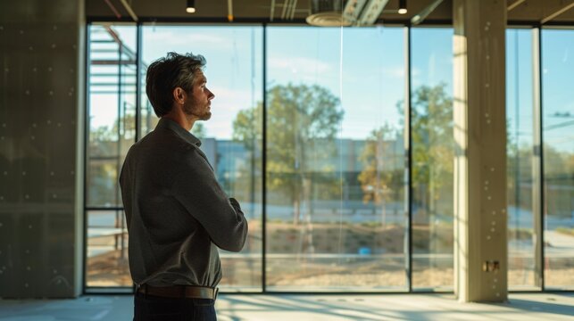 A side profile of an architect deep in thought gazing out a large window as they ponder the layout of a new building. .