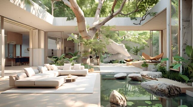 beautiful interior design, light colors, sofas, lots of natural light and natural trees in the scene