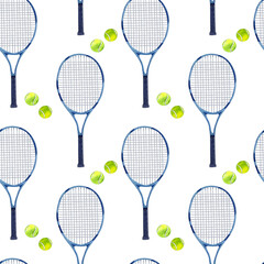 Watercolor seamless pattern of tennis rackets and balls. Hand drawn sports illustrations isolated on transparent.